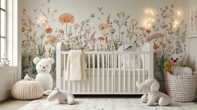 Fototapeta Charming nursery with floral wallpaper and cozy baby furniture decor