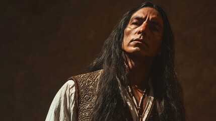 Portrait of a thoughtful hispanic male with long hair in traditional vest