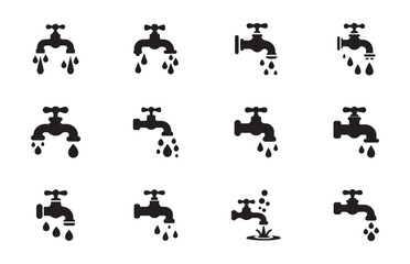 Black water tap icon set. Faucet water vector icon. Kitchen water faucet symbol vector illustration eps 10	