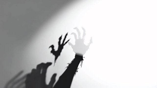 Shadow of a zombie hand on white background and focuses on the eerie silhouette of a zombie hand casting a shadow against a stark 
