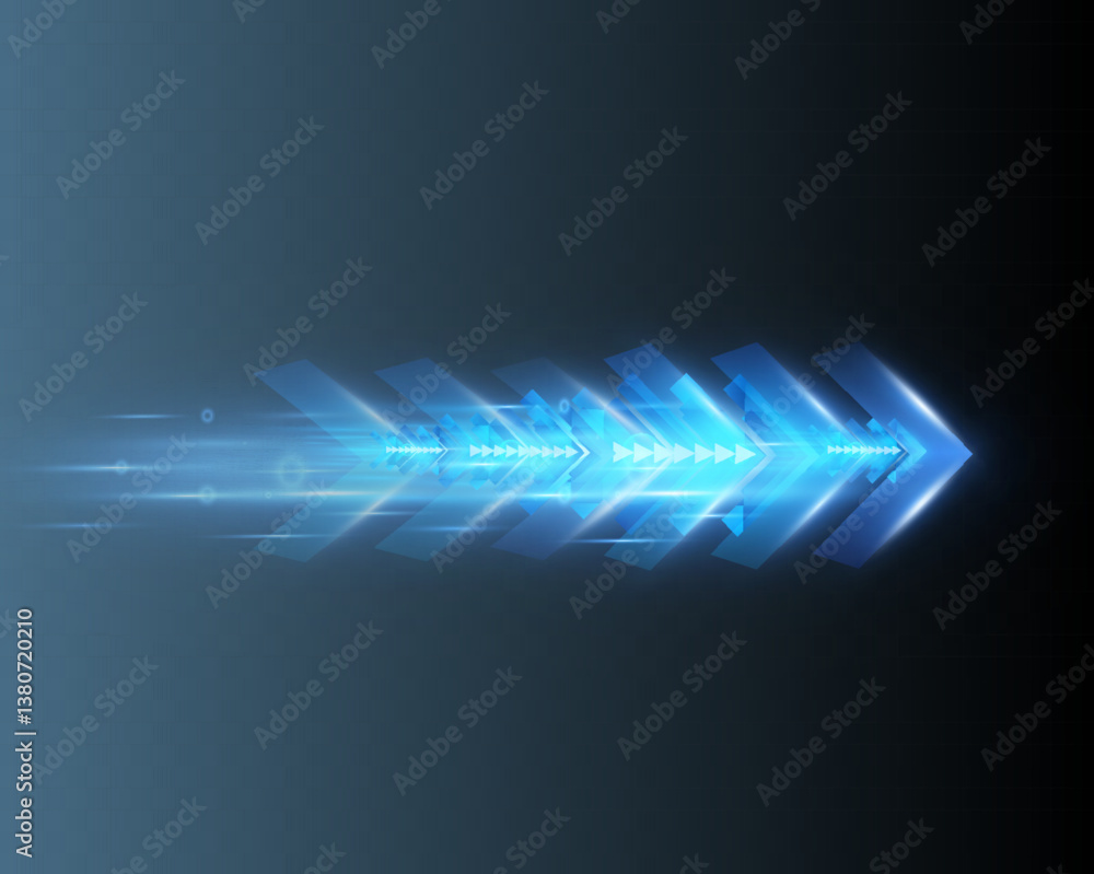 Poster Futuristic speed background with glowing arrows and motion blur. digital abstract technology concept with fast moving elements.
