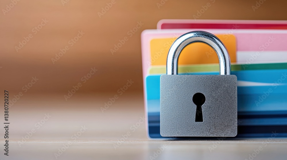 Poster a padlock in front of a stack of colorful cards, symbolizing security and protection of information.
