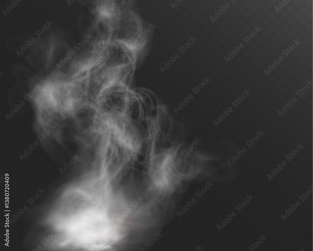 Poster Realistic white smoke or mist effect with soft, swirling patterns on a transparent background. Perfect for overlays and atmospheric designs.
