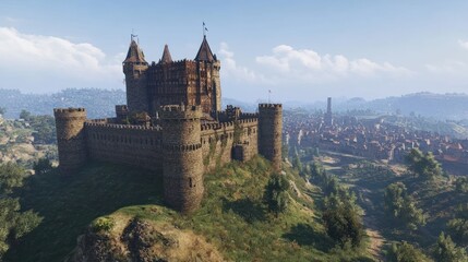 Obraz premium Majestic medieval castle towers over a sprawling town in a picturesque landscape