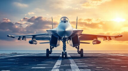 Fototapeta premium A powerful fighter jet is parked on the aircraft carrier deck, bathed in the warm glow of the sunset.