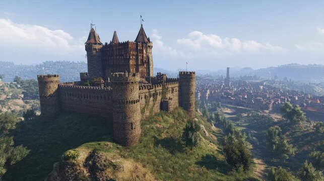 Majestic medieval castle towers over a sprawling town in a picturesque landscape