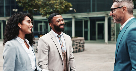 Business, people and happy in meeting outdoor for city planning, B2B networking and urban project. Real estate agent, employees and introduction for property development, partnership or collaboration