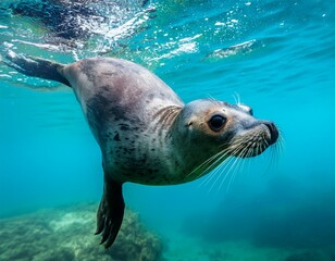 Fototapeta premium close up of a playful seal swimming underwater in crystal clear turquoise water capturing the beauty of marine life