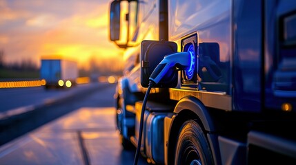 An electric truck gets charged at sunset, symbolizing sustainable transportation.