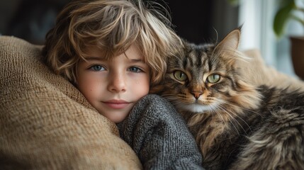A Child's Gentle Embrace: A heartwarming moment of pure love and companionship between a boy and his fluffy feline friend.