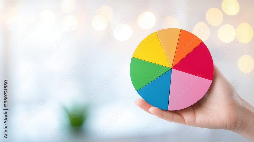Poster a hand holds a colorful pie chart against a softly blurred background, symbolizing data visualizatio