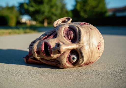 Zombie head rests in the middle of a suburban sidewalk