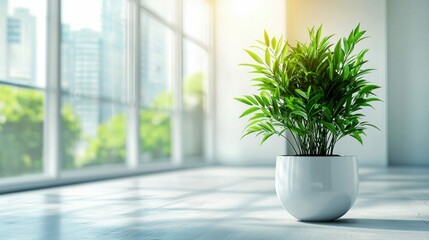Fototapeta premium An elegant indoor plant sits near bright windows, enhancing a minimalist office space.