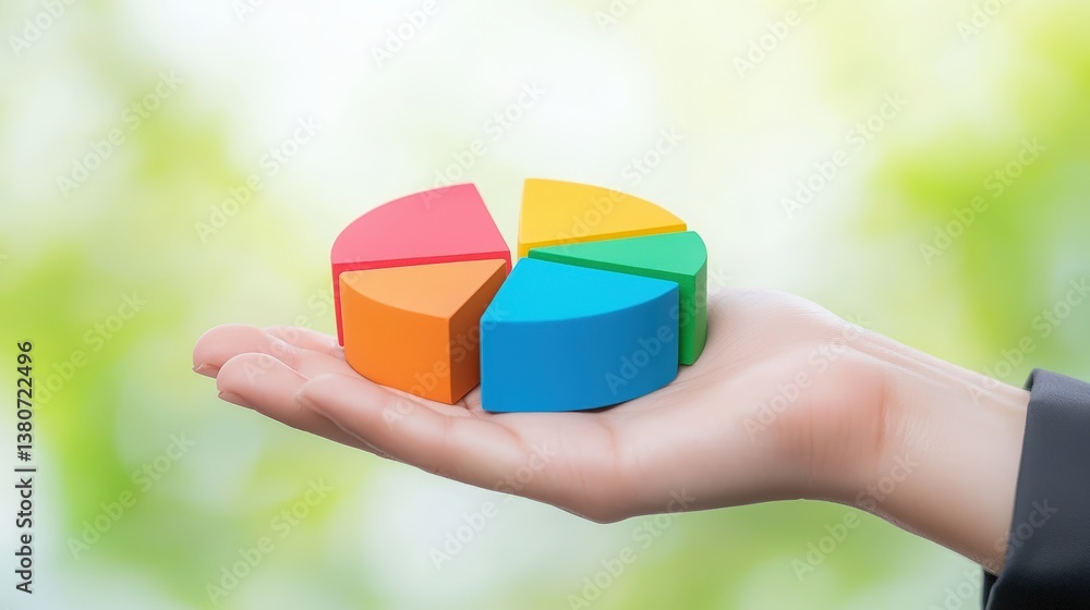 Poster a colorful pie chart held in a hand, symbolizing data analysis and presentation against a soft green