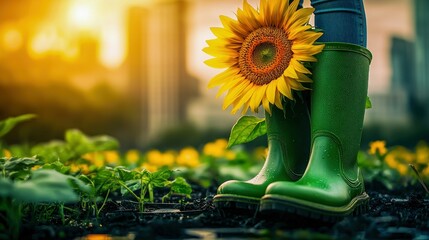 A bright sunflower blooms, its petals a beacon, nestled in green boots in a sunlit field.