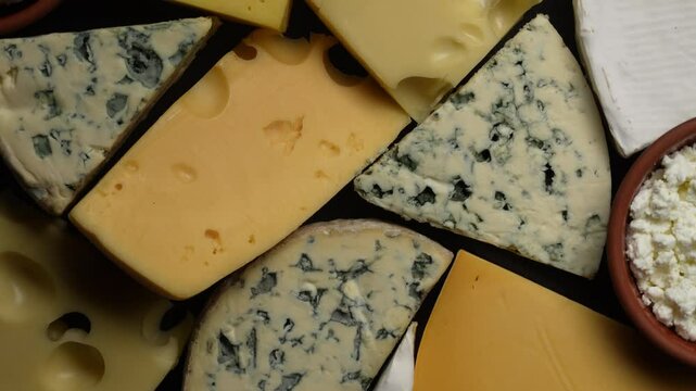 Set of different cheeses on black background, close up, top view . Various types of cheese rotates