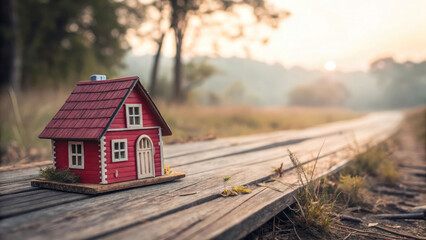 "Delicate red wooden house on a worn wooden surface, showcasing its quaint details with a dreamy, blurred background."