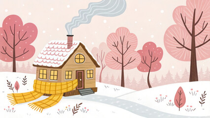 "Tiny house wrapped in a warm yellow scarf, surrounded by pink trees and fresh snow, radiating warmth in the wintery chill."