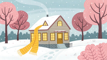 "Tiny house wrapped in a warm yellow scarf, surrounded by pink trees and fresh snow, radiating warmth in the wintery chill."