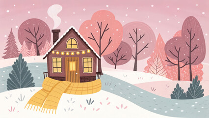 "Winter scene featuring a tiny house enveloped in a warm yellow scarf, surrounded by pink trees and soft snow, offering a cozy, magical vibe."