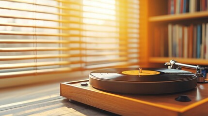 A vintage turntable plays a vinyl record bathed in warm afternoon sunlight, creating a cozy, nostalgic scene.