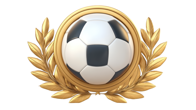 Triumphant soccer ball in golden laurel wreath, symbolizing victory and sports achievement