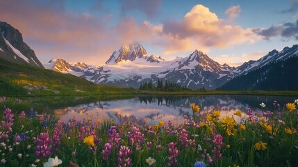 Majestic snow-capped mountains at sunrise with crystal clear alpine lakes reflecting the peaks, and bright wildflowers in the foreground blooming in the golden sunlight.