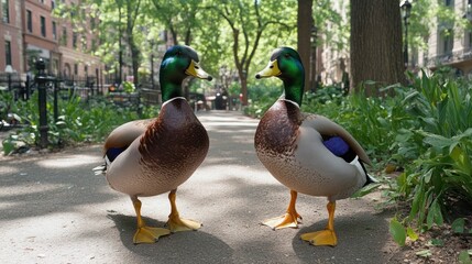 Fototapeta premium City park ducks facing, urban green background, sunlight, nature