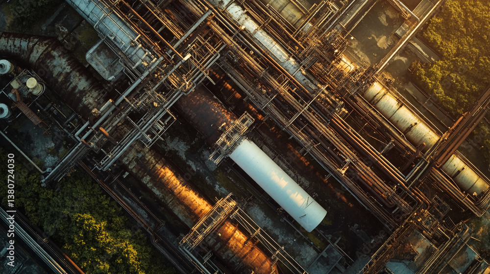 Poster Aerial view of rusty industrial pipes and structures, forming a complex network against a backdrop of green vegetation, showcasing industrial infrastructure and its contrast with nature