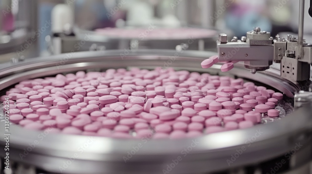 Poster automated tablet manufacturing line with pill sorting machinery and sterile processing equipment.