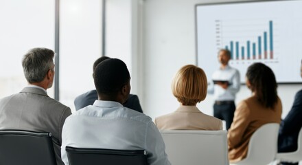 Business presentation with diverse audience and graph on screen in modern office