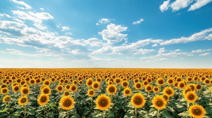 Fototapeta premium Expansive sunflower field against a blue sky dotted with fluffy clouds