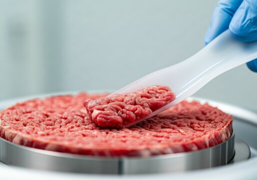 Lab-produced cultured meat sample on petri dish with blue gloved hand and plastic spatula