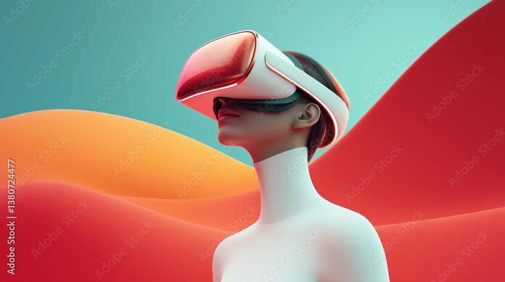 Poster a person experiencing virtual reality with a futuristic headset in a colorful, abstract setting.