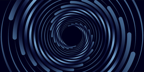 Abstract blue glowing geometric lines on dark blue background. Modern shiny blue circle lines pattern. Futuristic technology concept. Suit for cover, poster,