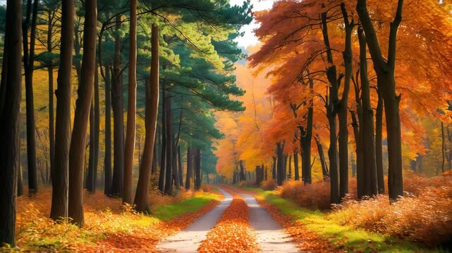 Autumn trail surrounded by pines and beech trees idless