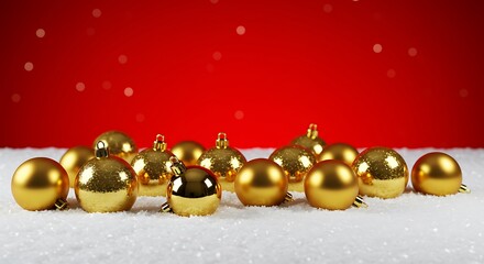 Golden Christmas Ornaments on Snow, Red Background AI Generated