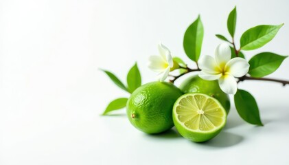 Fragrant lime tree sprig, fresh green leaves and blooming flowers on pure white backdrop , green, ecology