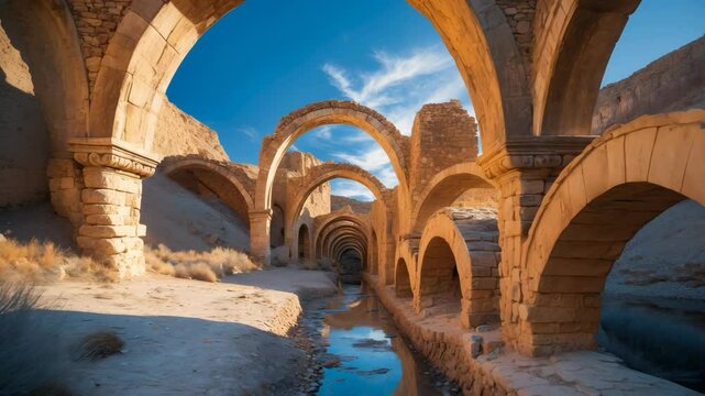 An old bridge spanning a temporary stream in a deserted village symbolizes climate change and drought.