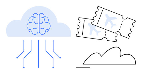 Brain integrated with cloud representing AI, connected lines for digital data, airline tickets for travel. Ideal for AI, cloud computing, travel, technology, automation, innovation digital