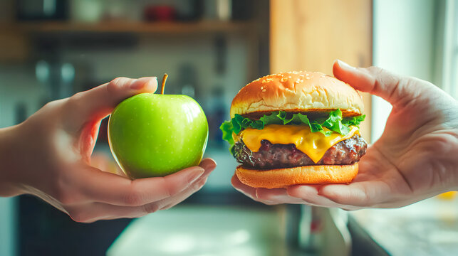 Choice Between Healthy Apple and Delicious Cheeseburger for Diet