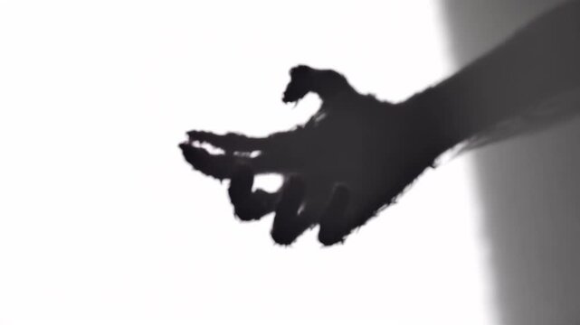 Silhouette of a zombie hand on white background and featuring a silhouette of a zombie hand against a stark white background. The hand should be depicted in slow motion