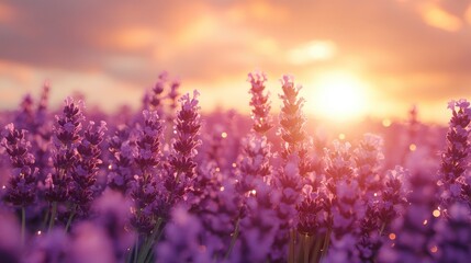 Fototapeta premium Lavender field blooms at sunset. Purple flowers stretching into horizon with vibrant colors