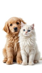 Obraz premium Adorable Golden Retriever Puppy and Fluffy White Kitten Posing Together for a Heartwarming Pet Photo