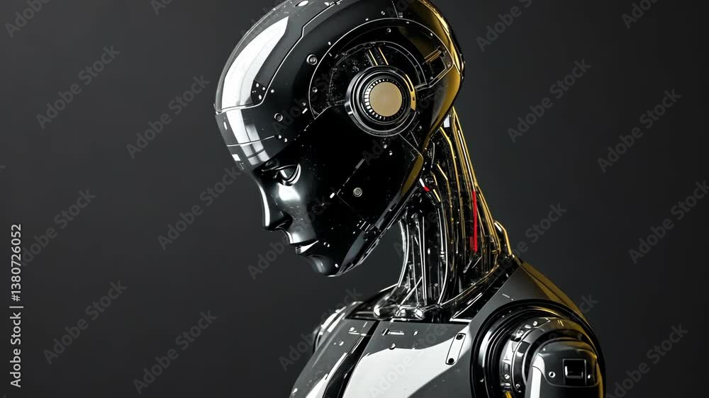 Poster modern robotic figure demonstrating advanced technology with streamlined design in a studio setting