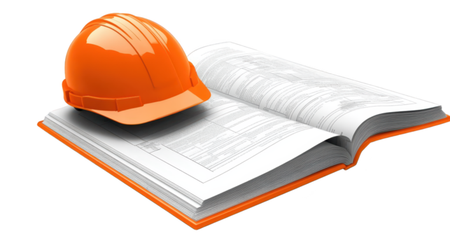 Construction safety and knowledge, hard hat book symbolize essential tools for professionals