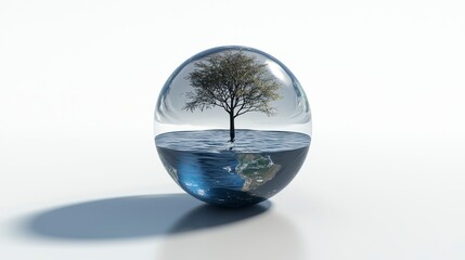 Earth sphere with tree, reflection, environmental concept, ideal for sustainability presentations