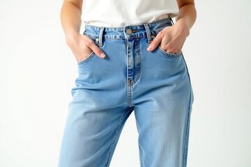 Light wash denim jeans, pure white background, cotton, texture