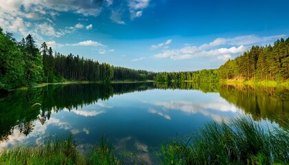 Obraz premium a fantastic summer day on a calm lake surrounded by a pine forest ukraine europe