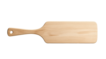 Rustic wooden cutting board with handle on white background, kitchen essential for food preparation and serving